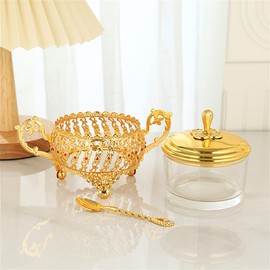 Primst Sugar Bowl with Lid and Spoon, Gold Glass Spice Jar Candy Jar Set for Kitchen Coffee Bar and Wedding Party (C)