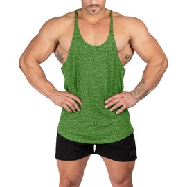Muhshoiy Mens Stringer Bodybuilding Tank Tops Low Cut Off Y Back Gym Workout Training Stretch Polyester Quick Drying Muscle Shirt/Green/XL