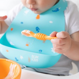 Bumkins - Juego de utensilios para bebé, cucharas de entrenamiento de silicona para sumergir, punta suave, autoalimentación, masticar, destete LED para bebé, suministros de entrenamiento para el primer año, esenciales para aprender a comer, 4 meses, paque