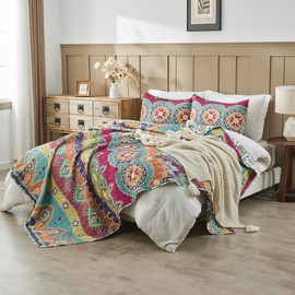 NIUDÉCOR HOME Vibrant Boho Quilt King Size Reversible Bohemian Striped Bedspread Comforter Microfiber Coverlet Bedding Set with Pillow Shams