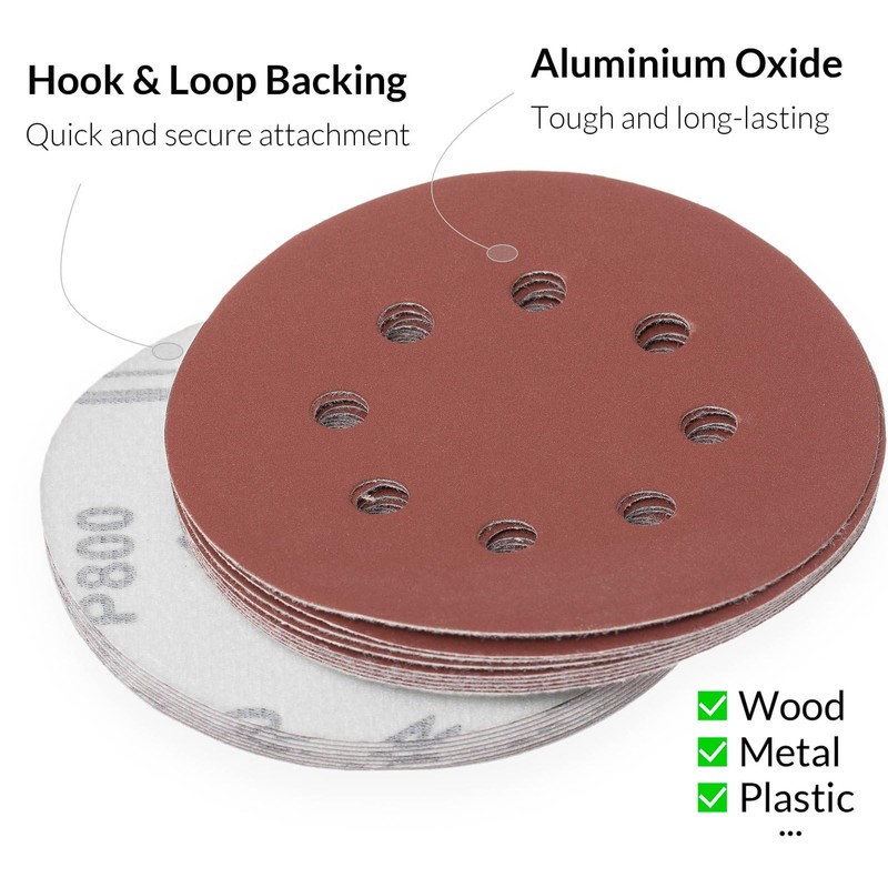 YoiYee 800 Grit Sanding Discs Pads, 8 Holes, 125mm/5-inch Hook