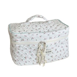 hobbyhub Travel Makeup Bag, Cotton Polyester Cute Beige Floral/White Cherry Makeup Organizer with Handle Toiletry Cosmetic Pouch for Women, White Cherry/Beige Floral