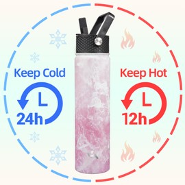 Konokyo Insulated Water Bottle 24oz Stainless Steel Sport Bottles with 3 Lids,Marble Blossom
