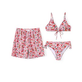 PATPAT Couples Matching Swimsuits for His and Hers Adults Summer Beach Vacation Hawaiian Swimwear Drawstring Waist Swim Trunks with Lining Board Shorts Bathing Suit Pink Floral for Men M