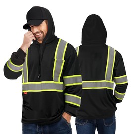 ProtectX Men's High Visibility Heavy Duty Long Sleeve Reflective Safety T-Shirts for Construction, Class 2-3 Type R Hoodie Black - Small