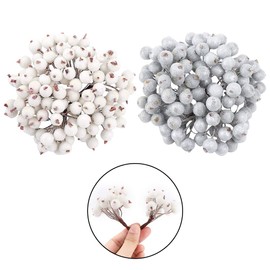 Pack of 240 Pieces Artificial Frosted Holly Berries, White and Silver Mini Glitter Christmas Frosted Fruit Berry Decoration for Festival Wedding DIY Artificial Berry Flower for Home