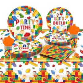 Building Block Birthday Decorations, Building Blocks Party Decorations & Tableware Set Colorful Plates, Napkins, Cups, Tablecloth 81PCS