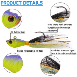 Bucktail Jigs Saltwater Hair Jigs Head Fluke Fishing Lures Bait for Bass Walleye Striper Surf Fishing Jig 1/4oz 2pcs