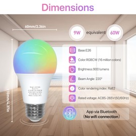 ORALUCE Bluetooth Smart Light Bulb A19 E26,9W LED Light Bulb Color Changing APP Dimmable, 60W Equivalent RGBCW LED Bulb 900 Lumens Multicolor,2P (No WiFi Connection)