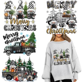 Christmas Iron on Transfer Decals Xmas Design Iron on Patches Heat Transfer Vinyl Decals Black Gold Santa Claus Dwarf Tree Pattern Merry Christmas Letter Applique for T-Shirt Hoodie DIY Craft Decor