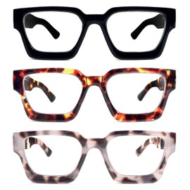 REAVEE 3 Pack Thick Frame Reading Glasses for Women Men, Oversized Fashion Square Blue Light Blocking Computer Readers Spring Hinges, Black/Leopard/Grey Leopard +2.5