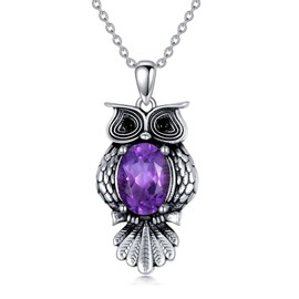 LONAGO Owl Necklace 925 Sterling Silver 6mm * 8mm Oval Cut Genuine Purple Amethyst Vintage Owl Pendant Necklace for Women