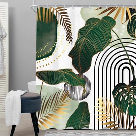 Cinbloo Green Boho 54Wx78H Shower Curtain Stall Single Standing Abstract Modern Mid Century Gold Tropical Palm Leaf Plant Minimalist Neutral Bathroom Curtain Set Simple Bath Bathroom Accessories Decor