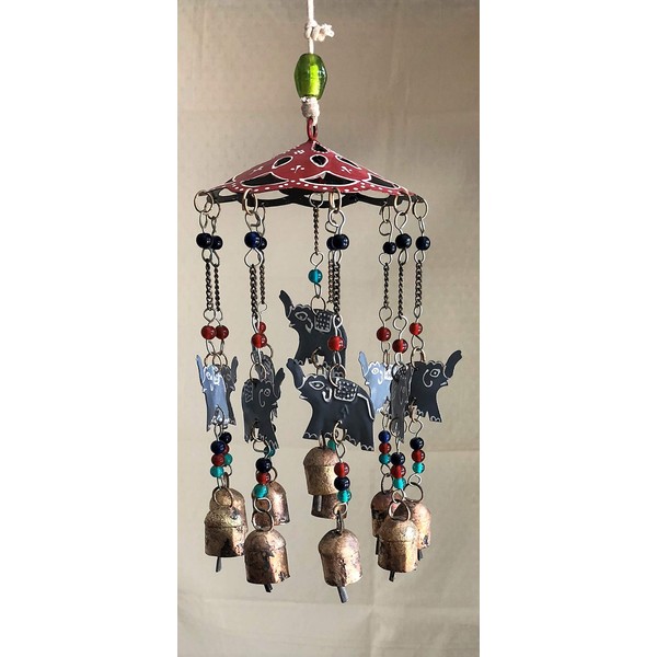 India Arts Beautiful Large Wind Chimes Outdoor Sound Rich Relaxing Tones - Carousel with Tin Bells and Beads - Music to Your Ears (6 x 15 inches, Red Gray Elephants)