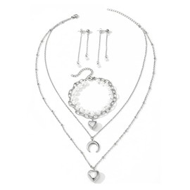 TTPSRY Jewellery Sets for Women Moon Heart Pearl Earrings Necklace and Bracelet Set Individuality Jewellery Ideal for Everyday and Party Wear(Silver)