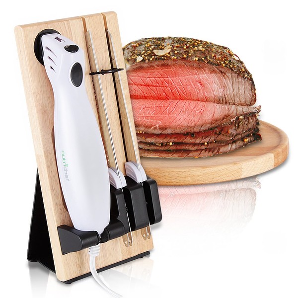 NutriChef Electric Carving Slicer Kitchen Knife - Portable Electrical Food Cutter Knife Set with Bread and Carving Blades, Wood Stand, For Meat, Turkey, Bread, Cheese, Vegetable, Fruit PKELKN16