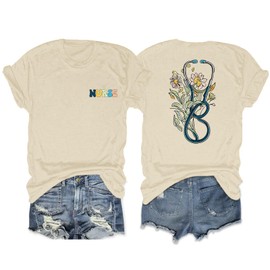 Migxsaf Nurse Graphic Shirts for Women Boho Floral Nurse Life T Shirt Stethoscope Oversized Graphic Tees Nurses Day Gifts(Apricot,L)