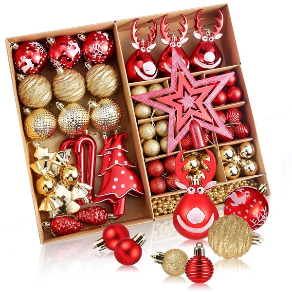 YITGOG 97Pcs Christmas Balls Ornaments Set, Red and Gold Christmas Tree Decorations Balls, Shatterproof Plastic Hanging Christmas Ornaments for Tree, Family, Party, Holiday Xmas Balls Decorations