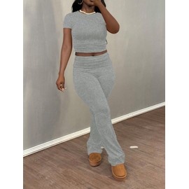 Women's 2 Piece Lounge Sets Short Sleeve Crop Tops High Wasit Foldover Flare Leggings Pants Casual Workout Outfits Tracksuit -Light Grey-L