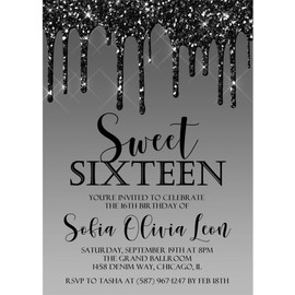 Black Sweet 16 Birthday Party Invitations With Envelopes