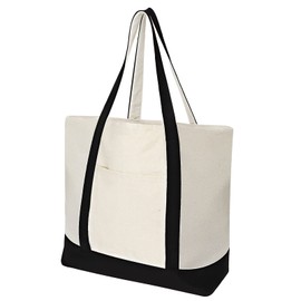 Muka Large Canvas Tote Bag with Outer & Inner Pocket, 21.5 x 16 x 6 Inch Grocery Shopping Bag, Natural / black, Unit size, Tote