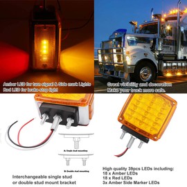2x Truck Turn Signal Light - Trailer Pedestal light with Amber / Red 39 Square LED Fender Stud Mount Double Face Light for Peterbilt Freightliner Kenworth Mack Western Star (39 LED Double Face Light)