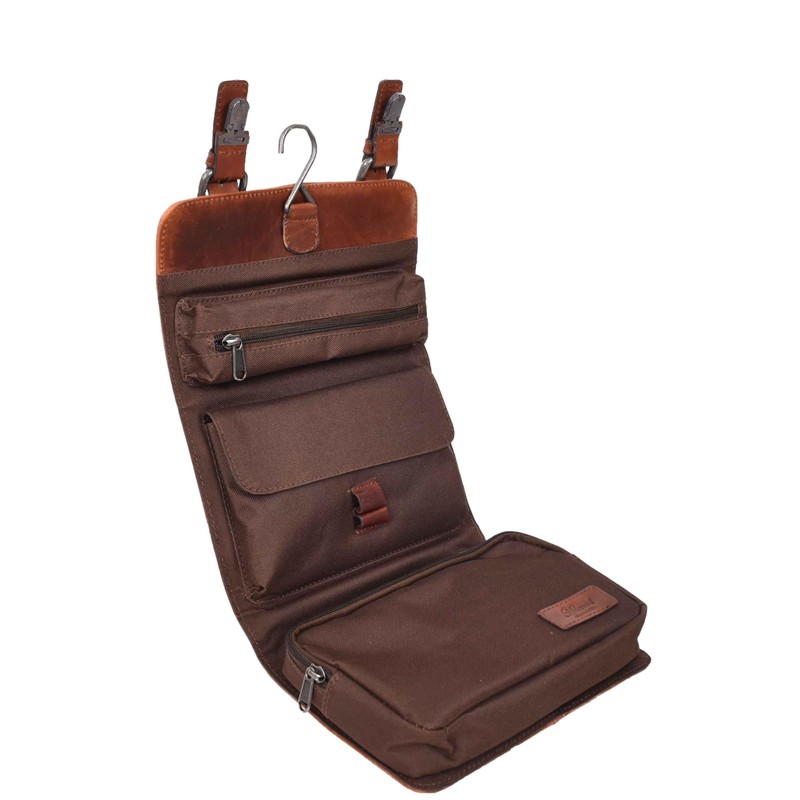Mens Leather Toiletry Bag Hanging Cosmetic Shaving Kit Travel Bag,