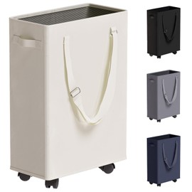 Slim Rolling Laundry Basket, Slim Laundry Hamper with Wheels and Adjustable Long Handles, 45L Small Laundry Baskets with Mesh Top, Narrow Dirty Clothes Hamper for Bedroom, Closet, and Bathroom - Beige