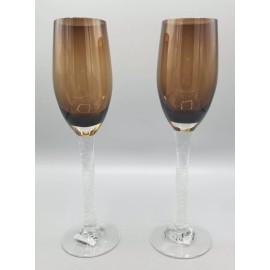 Pier 1 Crackle Glass Brown SET of 2 Champagne Flutes 9 7/8" Tall Mouth Blown