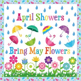 Faccito 72 Pcs April Showers Bring May Flowers Bulletin Board Decorations Set Spring Classroom Decor Colorful Flower Umbrella Cutouts with Borders for Summer Party Window Home Class School Supplies