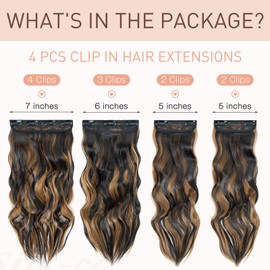 4PCS-11Clips in Hair Extensions Clip in Curly Synthetic Hair Extension Fiber Hair Pieces 22 Inches Long Hair Extensions for Women Wavy Hair Pieces for Full Head-Curly #Natural Black to Sandy Brown