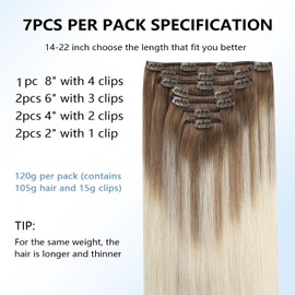 COOKAYU Clip in Hair Extensions Human Hair, 8/60 Ash Brown to Platinum Blonde Ombre Real Hair Extensions Clip in Human Hair, 16inch 120g 7Pcs