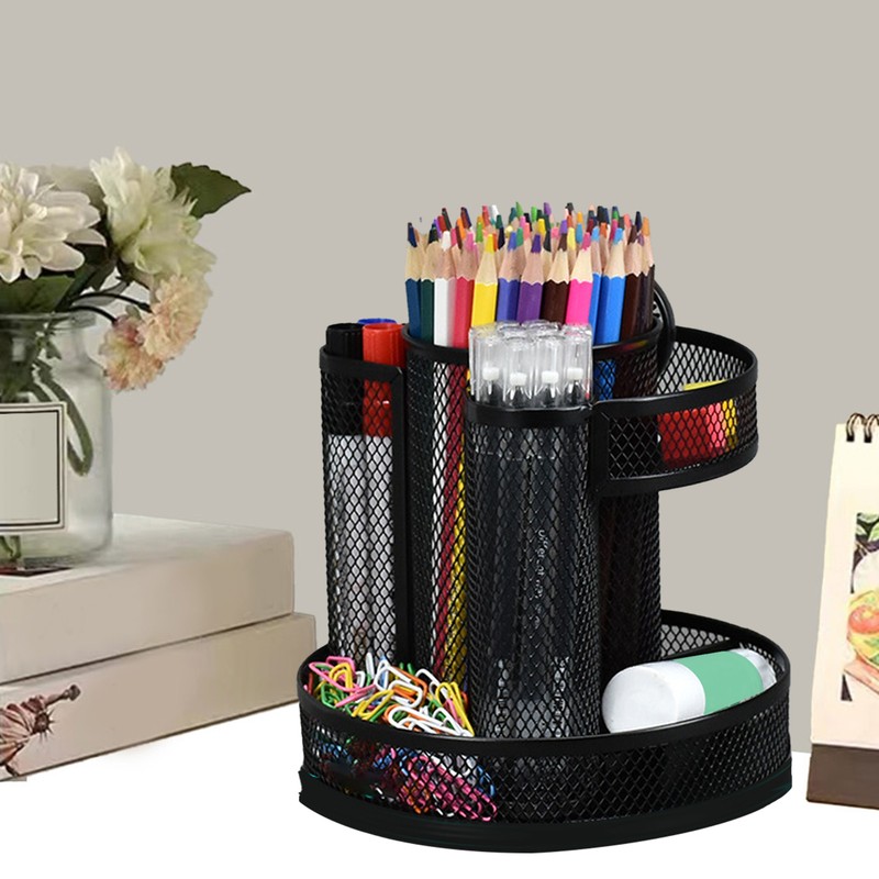 Rotating Pen Holder Black Mesh 7 Compartments Strong Metal Rotating