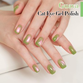 Double Rhythm 0.5 OZ Cat Eye Gel Polish with Magnet 15ML Holographic Glitter Shimmer Translucent Jelly Color Magnetic Nail Polish Salon DIY at Home (Pink Green-MC1215)