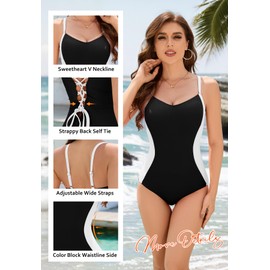 Durio Tummy Control One Piece Swimsuits V Neck Crisscross Back Bathing Suit Slimming Color Block Swimwear A Black White X-Large