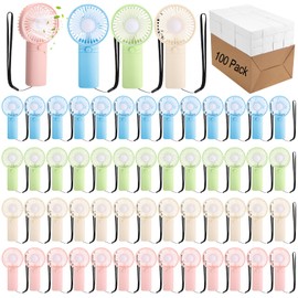 Woanger 100 Pcs Mini Portable Handheld Fan Bulk with Rope 1 Speed Small Personal Eyelash Fans Cooling for Travel Home Office Makeup Camping, No Include AAA Battery (Beige,Pink,Green,Blue)