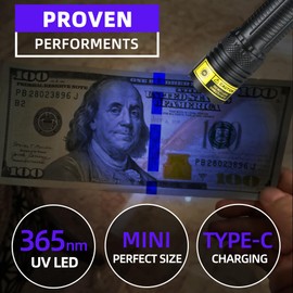 DARKBEAM 365nm UV Flashlight Black Light, Mini but Powerful Blacklight USB- C Rechargeable, Focusable Woods Lamp Water Resistant, Detector for Pet Urine, AC Leak Detection, Curing Resin