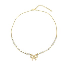 Dainty Bow Pearl Choker Necklace for Women Goldtone Cubic Zirconia Exquisite Adorrable Ribbon Pearls Beaded Chain Fashion Y2k Bowknot Pendant Necklaces Wedding Bridal Jewelry Gifts