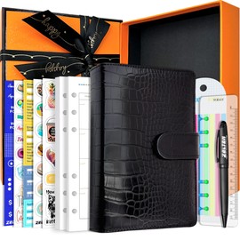 PU Leather Personal Notebook Planner with 67 Pages Planer Papers 6 Holes Ring Binder Pen Holder Magnetic Buckle (Black Faux Crocodile Texture, A6 Gift Box)