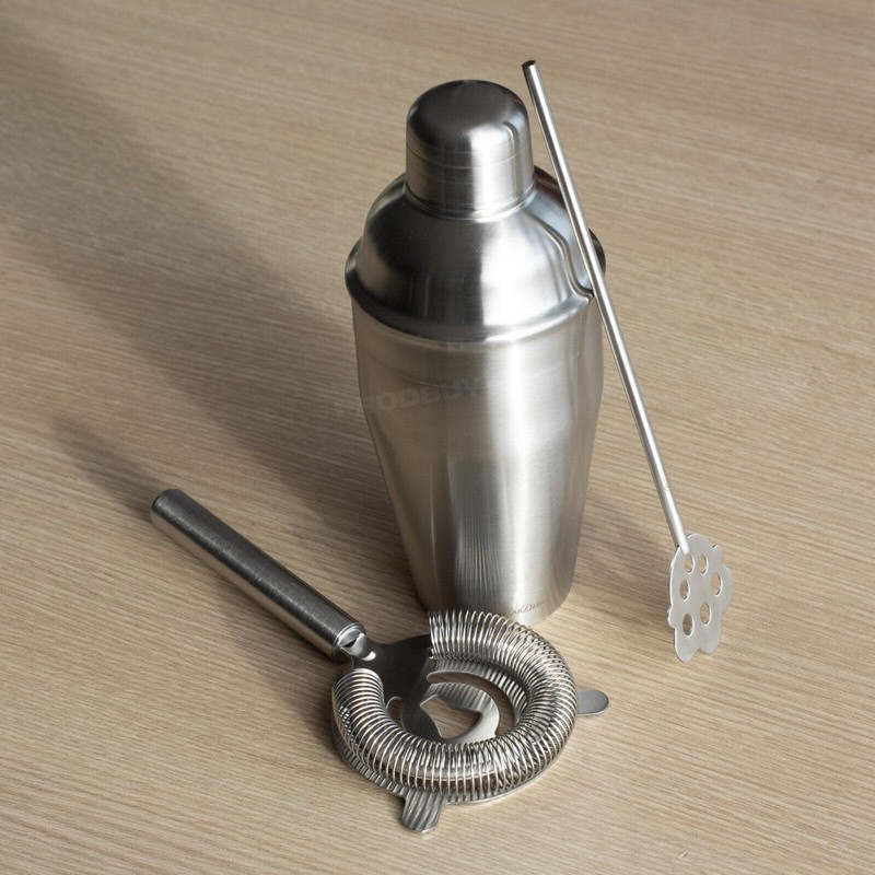 3 Piece Cocktail Shaker Set Kit Stirrer & Strainer Stainless