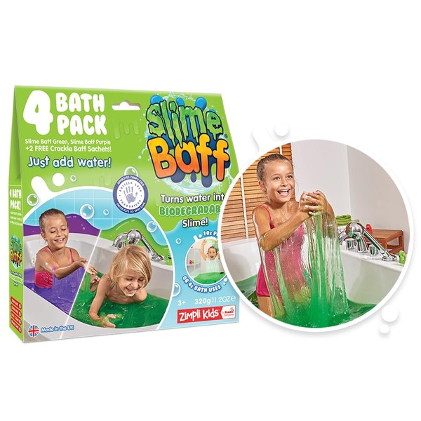 Slime Baff Purple & Green from Zimpli Kids, 4 Bath Value Pack, Magically turns water into gooey, colourful slime, 2 x Free Crackle Baff, Children's Sensory & Bath Toy Gift, Certified Biodegradable