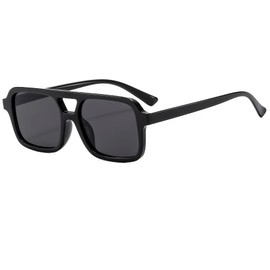 Long Keeper 70s Square Pilot Sunglasses for Women Men Retro Rectangle Sunglasses Vintage Trendy Small Double Bridge Sunglasses UV400 Protection (Bright Black)