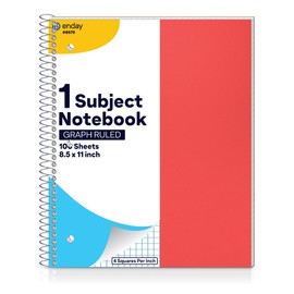 Enday Graph Paper Notebook 8.5 x 11 with Plastic Cover, 1 Red Grid Notebook, Graph paper spiral notebook, Graph notebook, 4 Squares per inch Grid paper notebook, White Paper Quad Ruled Spiral