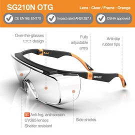 DEX FIT Safety Over Glasses SG210 OTG; Fit Over Your Eyewear, Z87 Eye Protection, 3X Fog & Scratch Resistant, Adjustable for Women & Men, UV Protective (Black & Orange Frame, Clear Lens)
