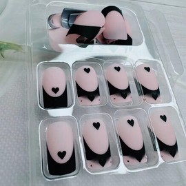 Square Press on Nails Medium French Tip Press on Nails Black Heart Deign, Matte Nude Pink Fake Nails Gel Acrylic Nails Glue Stick on Nail Tip Reusable Natural Fit Valentine's Day False Nails Kit 24Pcs