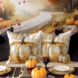 Cirzone Cushion Cover Autumn 45 x 45 cm Set of 2 Golden Pumpkin Autumn Cushion Autumn Decoration for Home Garden Sofa Bedroom