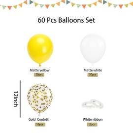 60P Matte Yellow White Balloons With Gold Confetti for Her, 12 Inch Latex With Ribbon for Girls Women Birthday, Wedding, Baby Shower Party