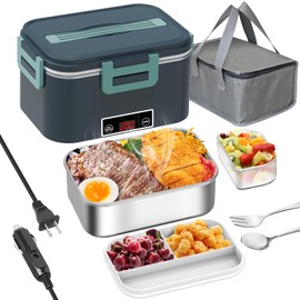 Electric Lunch Box for Adults, 80W Heated Lunch Box with Digital Temperature Display,12V/24V/110V 1.8L Stainless Steel & 1L PP Fruit Container Portable Food Warmer LunchBox for Car/Truck/Work
