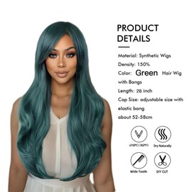 Tangyaoyusun 28Inch Green Wig with Bang Long Wavy Curly Hair Cosplay Wig For Girls Women Theme Party (Green)