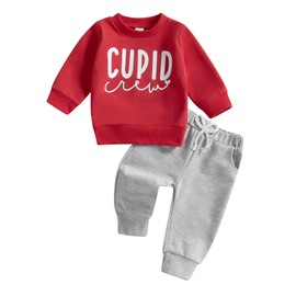 Toddler Boy Valentines Day Outfit Letter Print Crewneck Sweatshirt Tops Pants Cute Valentines Day Baby Boy Outfit Clothes (A-Red Gray,2-3T)